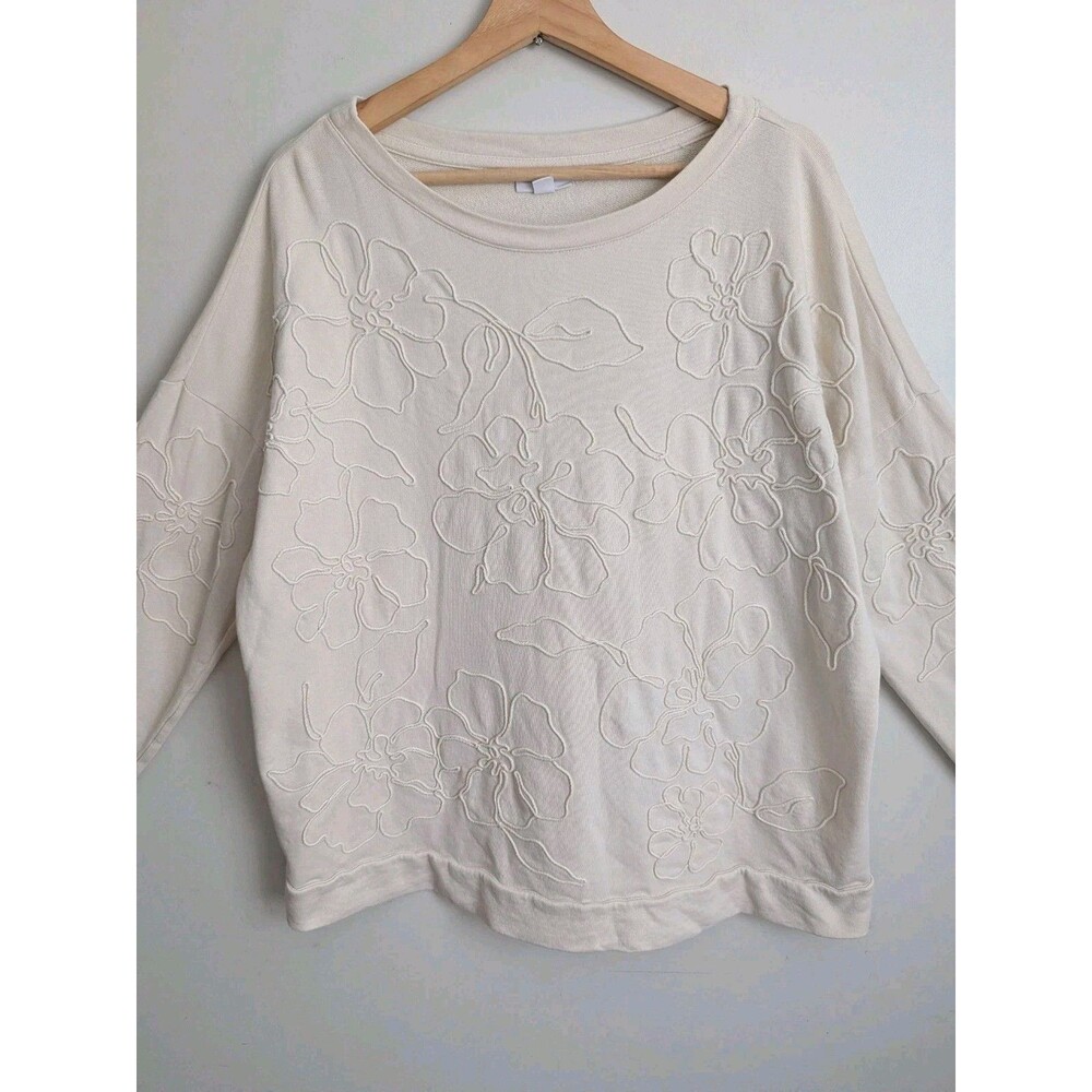 J Jill Embroidered Floral Soutache Sweatshirt 100% Cotton Pullover Cottage Top L - Picture 4 of 13